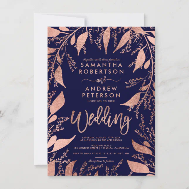 Floral rose gold typography navy blue chic wedding invitation | Zazzle