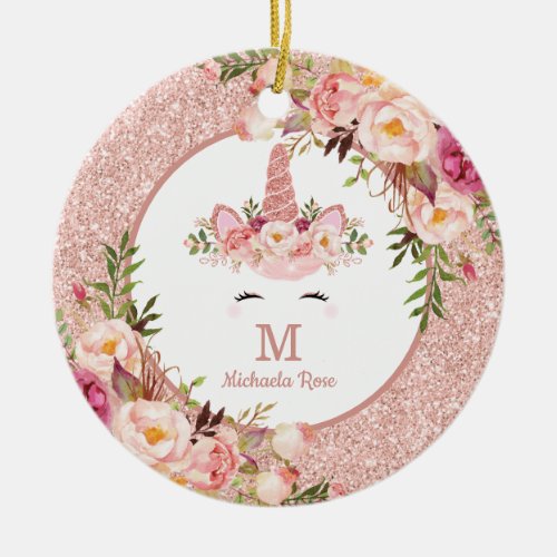 Floral Rose Gold Unicorn 1st First Christmas Photo Ceramic Ornament