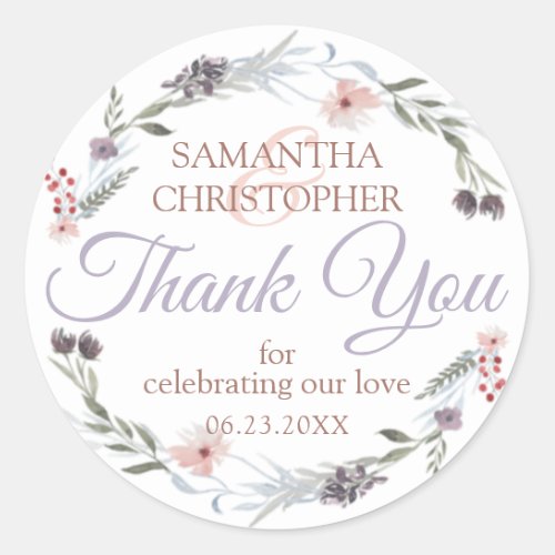 Floral Rose Gold Violet Script Wedding Thank You Classic Round Sticker