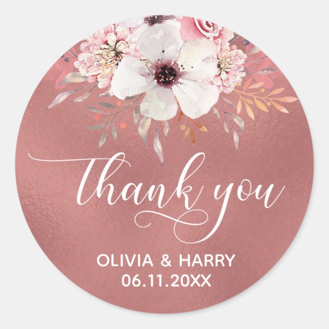Floral Rose Gold Wedding Favor Stickers (Front)