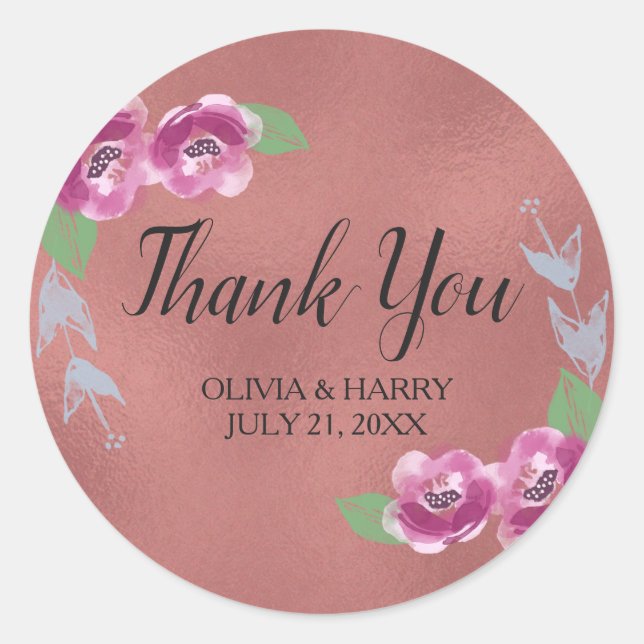 Floral Rose Gold Wedding Favor Thank You Classic Round Sticker (Front)