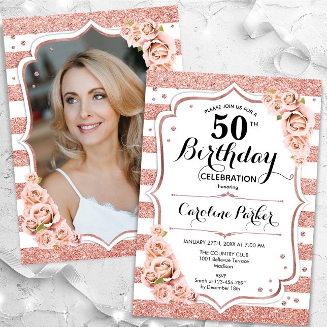 Floral Rose Gold White Photo 50th Birthday Invitation (Creator Uploaded)
