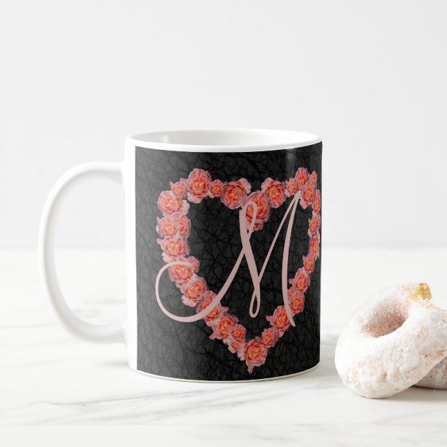 Floral Rose Heart monogram Wedding Party Keepsake Coffee Mug (With Donut)