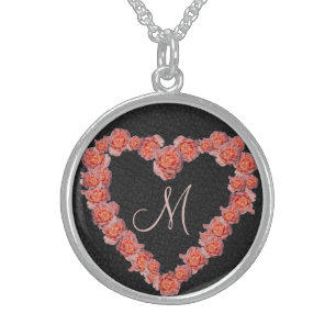 Floral Rose Heart monogram Wedding Party Keepsake Sterling Silver Necklace
