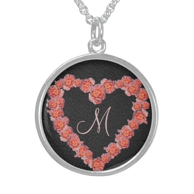 Floral Rose Heart monogram Wedding Party Keepsake Sterling Silver Necklace (Front)