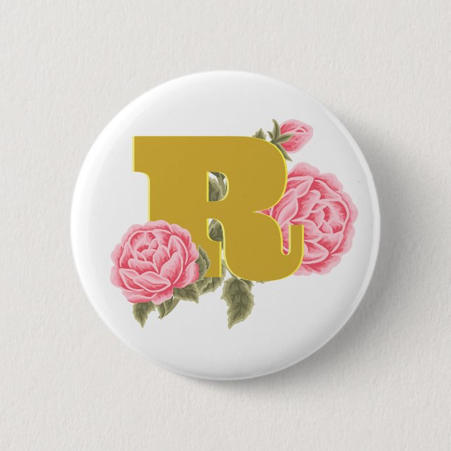 Floral Rose Initial Letter Monogram Name Couple Button (Front)