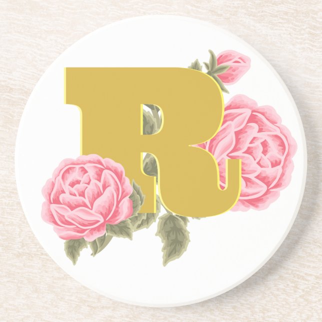 Floral Rose Initial Letter Monogram Name Couple Coaster (Front)