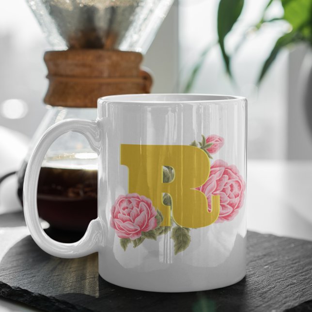 Floral Rose Initial Letter Monogram Name Couple Coffee Mug (Creator Uploaded)
