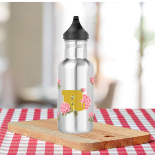 Floral Rose Initial Letter Monogram Name Couple Stainless Steel Water Bottle