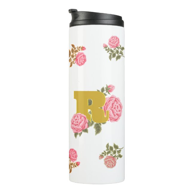 Floral Rose Initial Letter Monogram Name Couple Thermal Tumbler (Rotated Right)