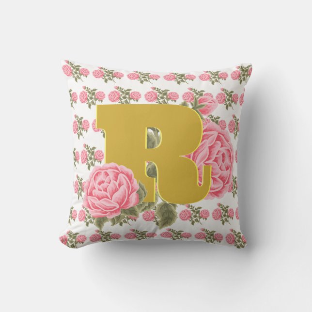 Floral Rose Initial Letter Monogram Name Couple Throw Pillow (Front)