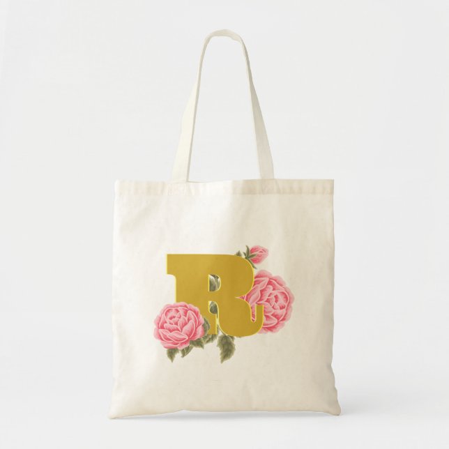 Floral Rose Initial Letter Monogram Name Couple Tote Bag (Front)