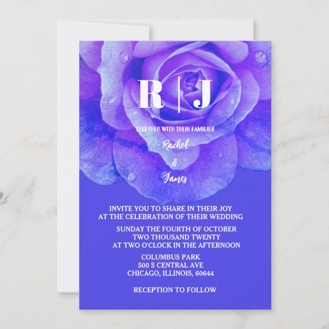 Floral Rose Monogram Blue Purple Colorful Wedding Invitation (Front)