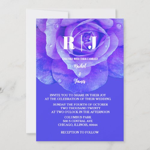 Floral Rose Monogram Blue Purple Colorful Wedding Invitation