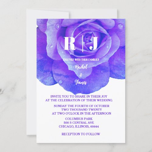 Floral Rose Monogram Blue Purple Flowers Wedding Invitation