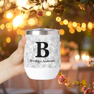 Floral Rose Monogram Wedding Black And White  Thermal Wine Tumbler
