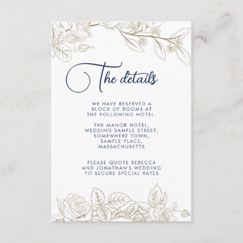 Floral Rose Navy Blue Gold Wedding Details Card