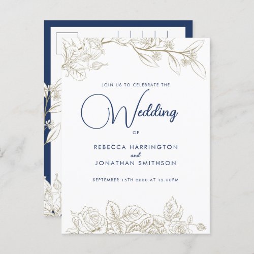 Floral Rose Navy Blue Gold Wedding Invitation Postcard
