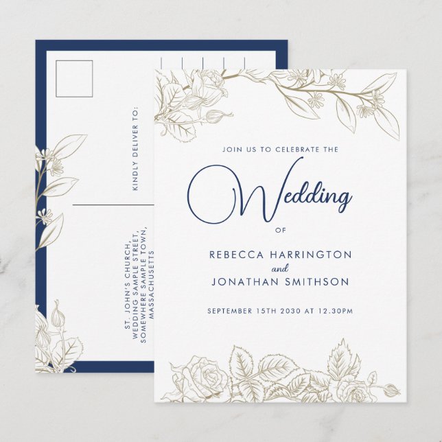 Floral Rose Navy Blue Gold Wedding Invitation Postcard (Front/Back)