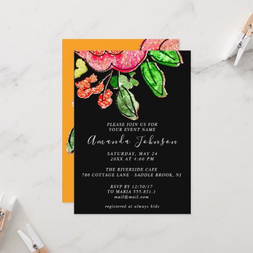 Floral Rose Orange Bridal Shower Birthday Black  Invitation