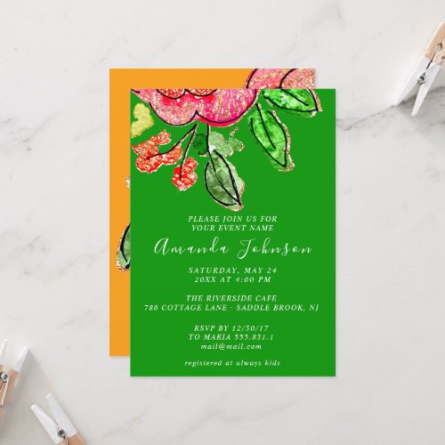Floral Rose Orange Bridal Shower Birthday Green Invitation