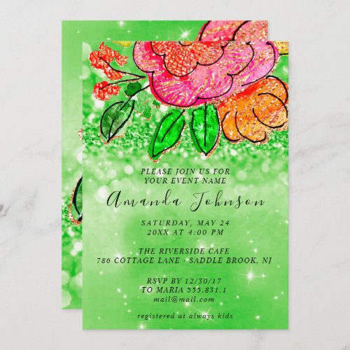 Floral Rose Orange Bridal Shower Birthday Green Invitation