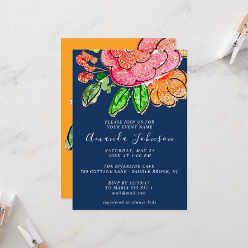 Floral Rose Orange Bridal Shower Birthday Navy Invitation