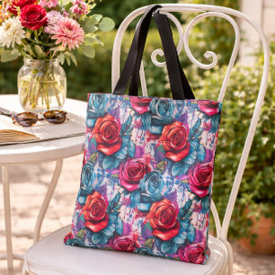 Floral Rose Pattern in Teal and Red Tote Bag