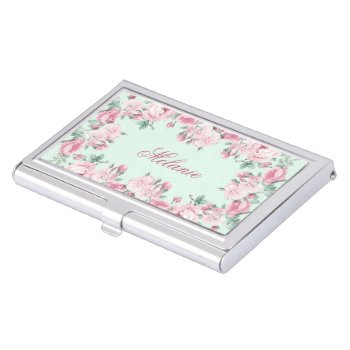 Floral Rose Personalized Name Business Card Holder by DecorativeHome at Zazzle
