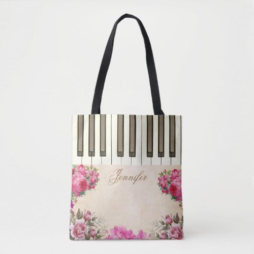 Floral Rose Piano Music Tote Bags
