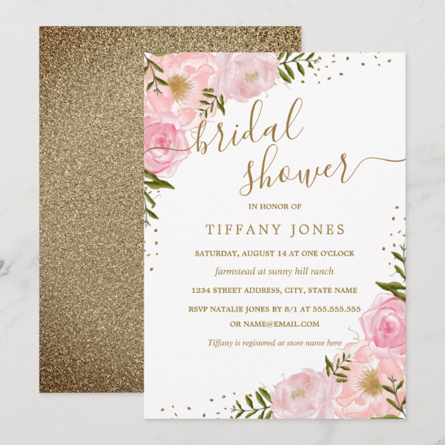 Floral Rose Pink Gold Watercolor Bridal Shower Invitation (Front/Back)
