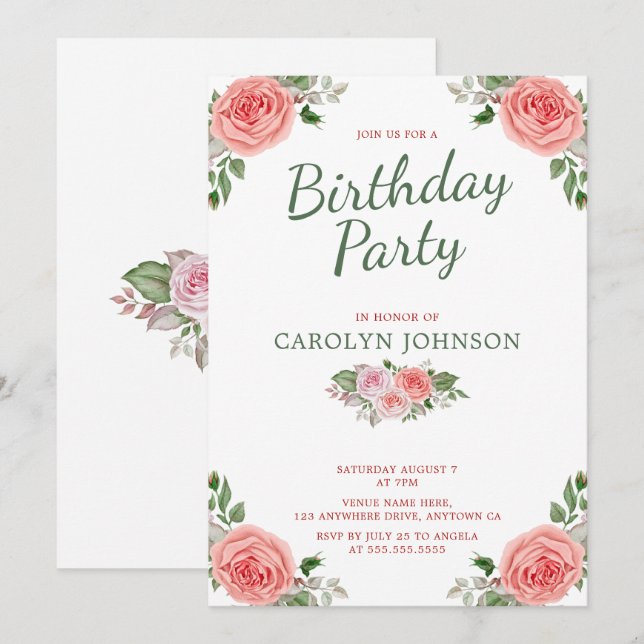 Floral Rose Pink & Green Birthday Party Invitation (Front/Back)