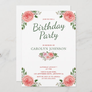 Floral Rose Pink & Green Birthday Party Invitation