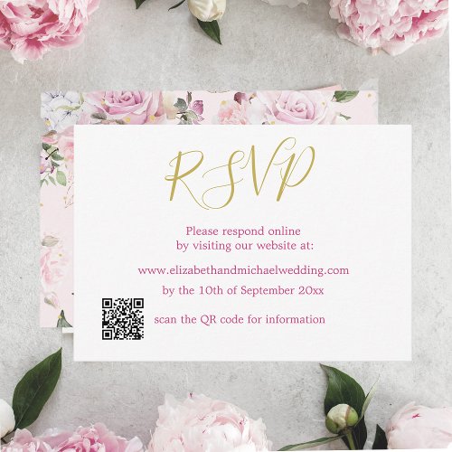Floral Rose Pink QR Code Wedding RSVP   Invitation