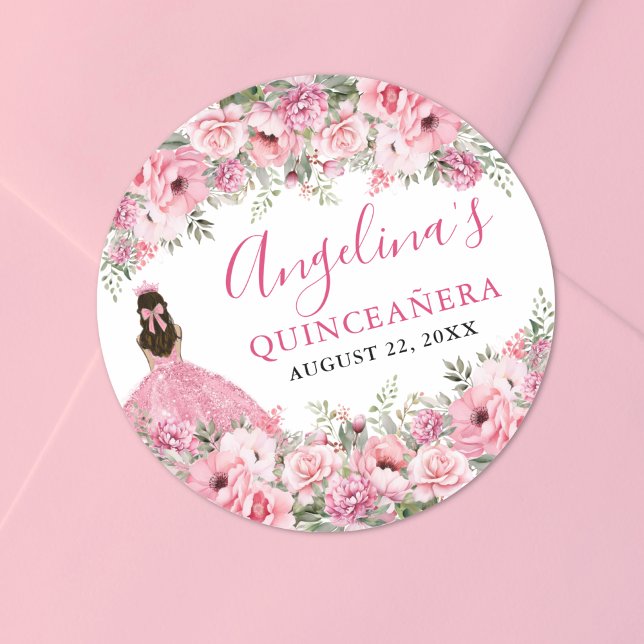 Floral Rose Pink Quinceanera Classic Round Sticker (Floral Rose Pink Quinceanera Classic Round Sticker)