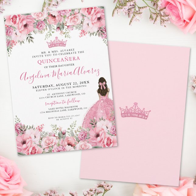 Floral Rose Pink Quinceanera Invitation (Floral Rose Pink Quinceanera Invitation)