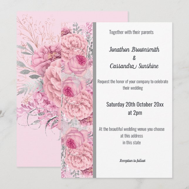 FLORAL ROSE  PINK SILVER TRIM WHITE WEDDING INVITATION (Front/Back)