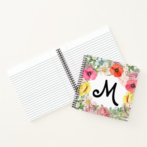 Floral Rose Poppy and Daisy Pink Coral  Yellow Notebook