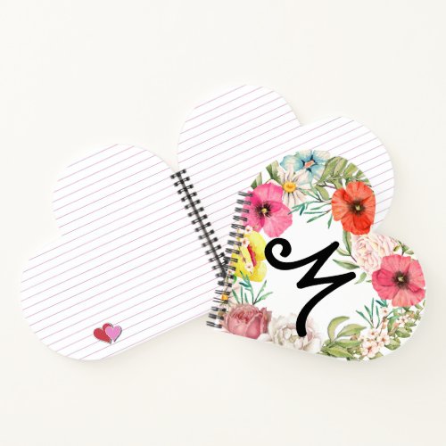 Floral Rose Poppy and Daisy Pink Coral  Yellow Notebook