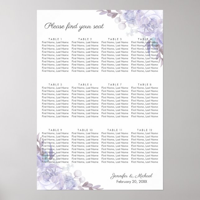 Floral Rose Purple Leaves Seating Chart Poster (Front)