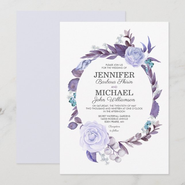 Floral Rose Purple Leaves Wreath Wedding Invitation (Front/Back)