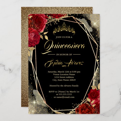 Floral Rose Red Gold Black Tiara Quinceanera Foil Invitation