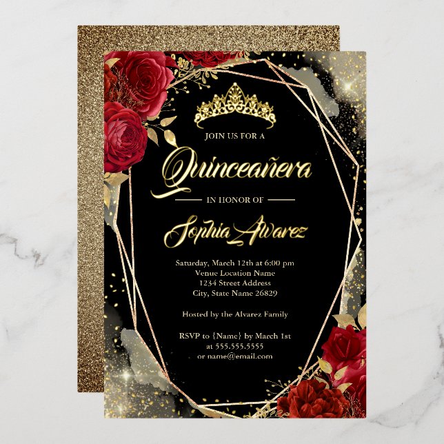 Floral Rose Red Gold Black Tiara Quinceanera Foil Invitation (Front/Back)