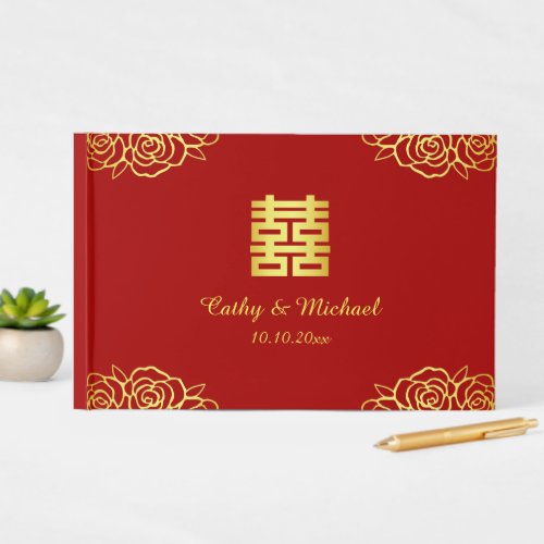 Floral rose red gold Chinese wedding reception Guest Book