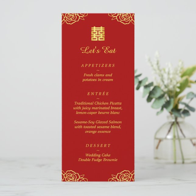 Floral rose red gold Chinese wedding reception  Menu (Standing Front)