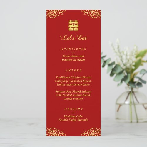 Floral rose red gold Chinese wedding reception  Menu
