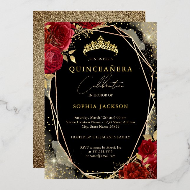 Floral Rose Red Gold Tiara Quinceanera Foil Invitation (Front/Back)