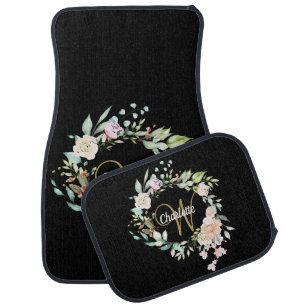 Floral Rose Script Monogram Black Gold Car Floor Mat