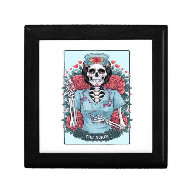 Floral Rose Skeleton Nurse Tarot Card Halloween Es Gift Box (Front)