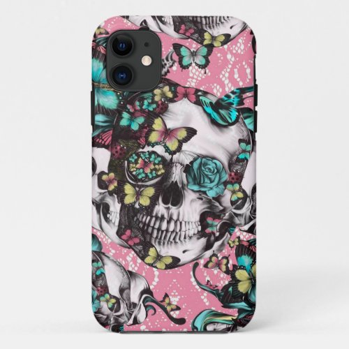 Floral rose skull with butterflies iPhone 11 case